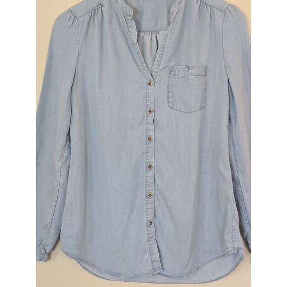 Massimo Dutti Size 4 Blue Soft Denim Button Up Blouse Collarless Chambray - Picture 4 of 12